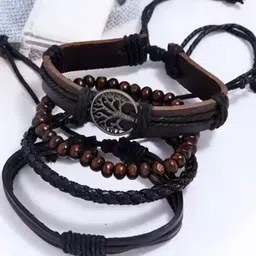 The Roadster Lifestyle Co. Men Set Of 4 Artificial Beaded Wraparound Leather Bracelets-image-94