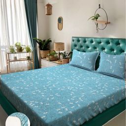 Arrabi Teal & Off White Floral 300 TC King Bedsheet with 2 Pillow Covers-image-32