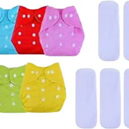 Reusable Washable, Pack of 5 Cloth Diapers + 5 Inserts Pads for Baby/Newborns-image-2