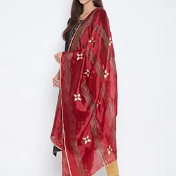 Clora Creation Maroon & Gold-Toned Embroidered Dupatta with Mirror Work image 3