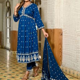 KALINI Ethnic Motifs Printed Pleated A-Line Kurta & Trouser With Dupatta image 3