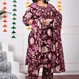 Swasti Plus Size Floral Printed Regular Pure Cotton Kurta With Trousers & Dupatta image 3