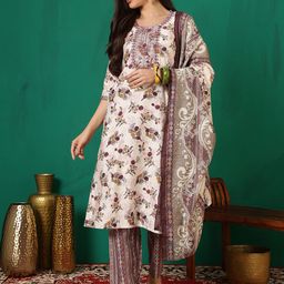 Sangria Floral Printed Thread Work Straight Kurta With Trouser And Dupatta-2