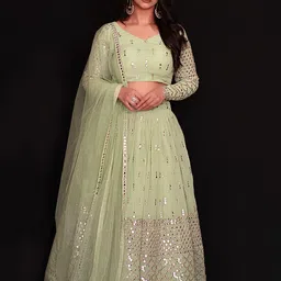 FABPIXEL Embroidered Mirror Work Semi-Stitched Lehenga & Unstitched Blouse With Dupatta-32