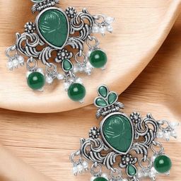 Sangria Oxidised Stone Studded With Beaded Ethnic Drop Earrings-69