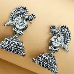 Saizen Rhodium-Plated Ghungroo Beaded Oxidised Dome Shaped Jhumkas-picture-10
