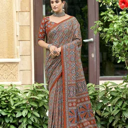 RV CREATION Ajrak Printed Pure Cotton Bagru Saree-13