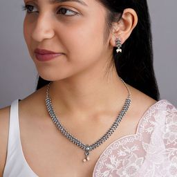 TEEJH Silver-Plated Beaded Jade Oxidised Jewellery Set-image-35