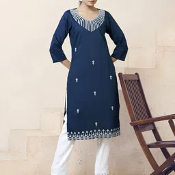 Peach Petals Floral Embroidered Round Neck Pure Cotton Straight Kurta-picture-51
