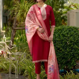 MOJILAA Women Embroidered Regular Sequinned Kurta with Trousers & With Dupatta-picture-0