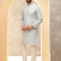 Anouk Grey Floral Embroidered Mandarin Collar Straight Kurta With Pyjamas-image-31