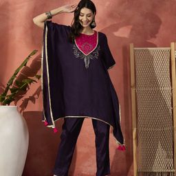 Sangria Burgundy Yoke Design Beads And Stones Round Neck Kaftan Kurta With Trousers-36