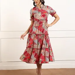 True Shape Women Floral Print Plated Mandarin Collar Fit & Flare Midi Dress-image-55