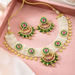 Peora Gold-Plated Stone-Studded & Beaded Jewellery Set-49
