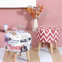 Shadowkart Set Of 2 Maroon & White Wooden Round Shaped Ottomans-17