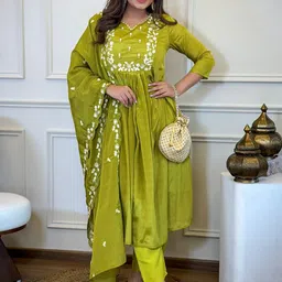 URMIR FASHION Women Ethnic Motifs Embroidered Empire Thread Work Kurta with Trousers & With Dupatta-picture-7