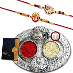 DeoDap Unisex Set of 2 Rakhis with Pooja Thali Roli Chawal Coin Greeting Card Gift Set-image-52