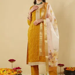 MOKOSH Floral Embroidered Sequinned Straight Kurta with Trouser & Dupatta-1