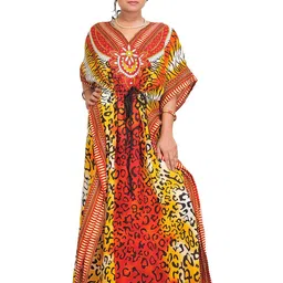 Exotic India Long Kaftan with Printed Tiger-stripes and Dori at Waist-picture-5