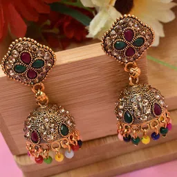 MEIRA JEWELLERY Gold-Plated Artificial Stones Studded And Beaded Dome Shaped Jhumkas-picture-18