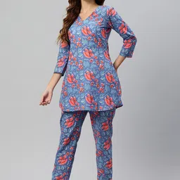 KALINI Floral Printed Pure Cotton V-Neck Tunic With Trousers Co-Ords-picture-48