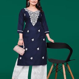 PATDOM Floral Embroidered Cotton V-Neck Straight Kurta-image-91