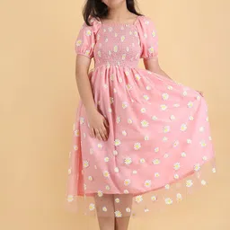 PTVIZE Girls Floral Printed Smocked Net Fit & Flare Midi Dress-image-20
