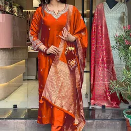 Panzora Women Ethnic Motifs Embroidered Kurta With Trousers & Dupatta-image-13
