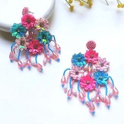Crunchy Fashion Artificial Stones Studded & Beads Beaded Floral Drop Earrings-4