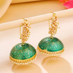 Yellow Chimes Gold-Plated Pearls Beaded Traditional Moti Meenakari Jhumkas-image-58