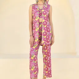 Midsummer Floral Printed Shoulder Straps Neck Sleeveless Top With Trouser With Jacket-19