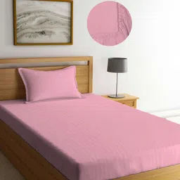 Aura Pink Striped 350 TC Single Bedsheet with 1 Pillow Covers-image-36