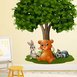 LANSTICK Green & Brown Printed Tree With Animals Wall Sticker-image-80