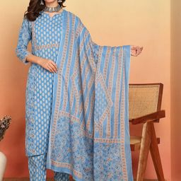 KALINI Women Floral Printed Regular Pure Cotton Kurta with Palazzos & With Dupatta-25