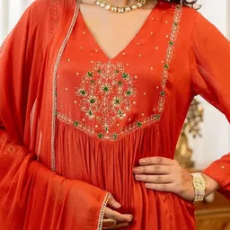 GRIOPY Floral Embroidered A-Line Flared Sequinned Kurta With Trousers & Dupatta image 4