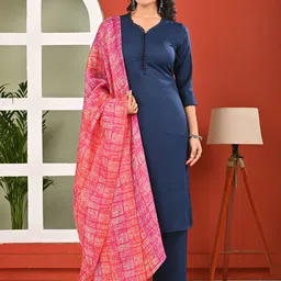 KEIYONA Sweetheart Neck Straight Kurta & Trousers With Dupatta-picture-5