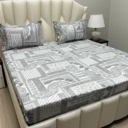 MORADO Grey & Off White Geometric 210 TC Queen Bedsheet with 2 Pillow Covers-26