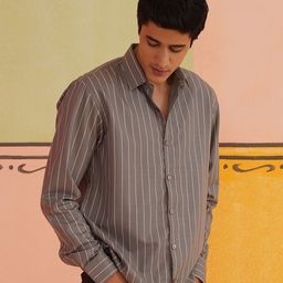 Indian Needle Men Classic Spread Collar Vertical Striped Cotton Casual Shirt-picture-4