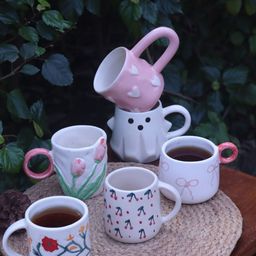 WEAVING HOMES Coffee Lovers White & Red 6 Pcs Floral Printed Ceramic Glossy Mugs 250ml-55