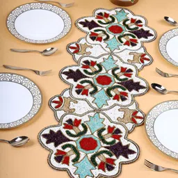 YWULY White & Red Embroidered Beaded Dining TableRunner-21