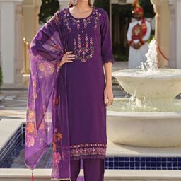 Varanga Floral Embroidered Thread Work Straight Kurta With Trousers And Dupatta-picture-35