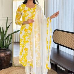Women's Georgette Printed Straight Kurta with Pant And Dupatta Sets-18