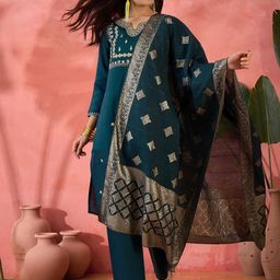 HERE&NOW Women Floral Woven Design Regular Zari Kurta With Trousers & Dupatta-image-25