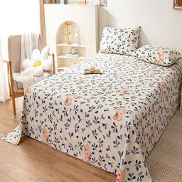 JC HOME White & Navy Blue Floral 140 TC Single Bedsheet with 1 Pillow Covers-image-9