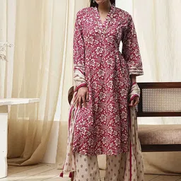 Biba Floral Printed V-Neck Pure Cotton A-Line Kurta With Trousers & Dupatta-54