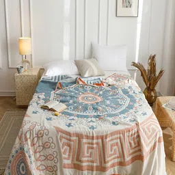 JC HOME Off White & Blue Ethnic Motifs AC Room 350 GSM Single Bed Quilt-picture-16