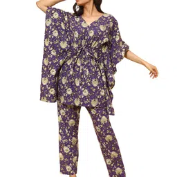 YELLOW BLOOM Printed Round Neck Kaftan Nightdress-picture-17