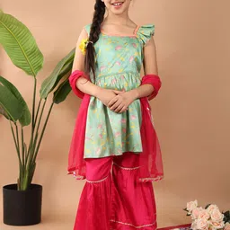 Here&Now X Kinder Kids Girls Floral Printed Kurti with Sharara & Dupatta-15