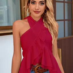 Stylecast X Slyck Women Tie-Up Neck Ruffles Smocked Back Top-image-69