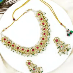 FEMMIBELLA Gold-Plated Kundan Stone Studded & Beaded Jewellery Set-16